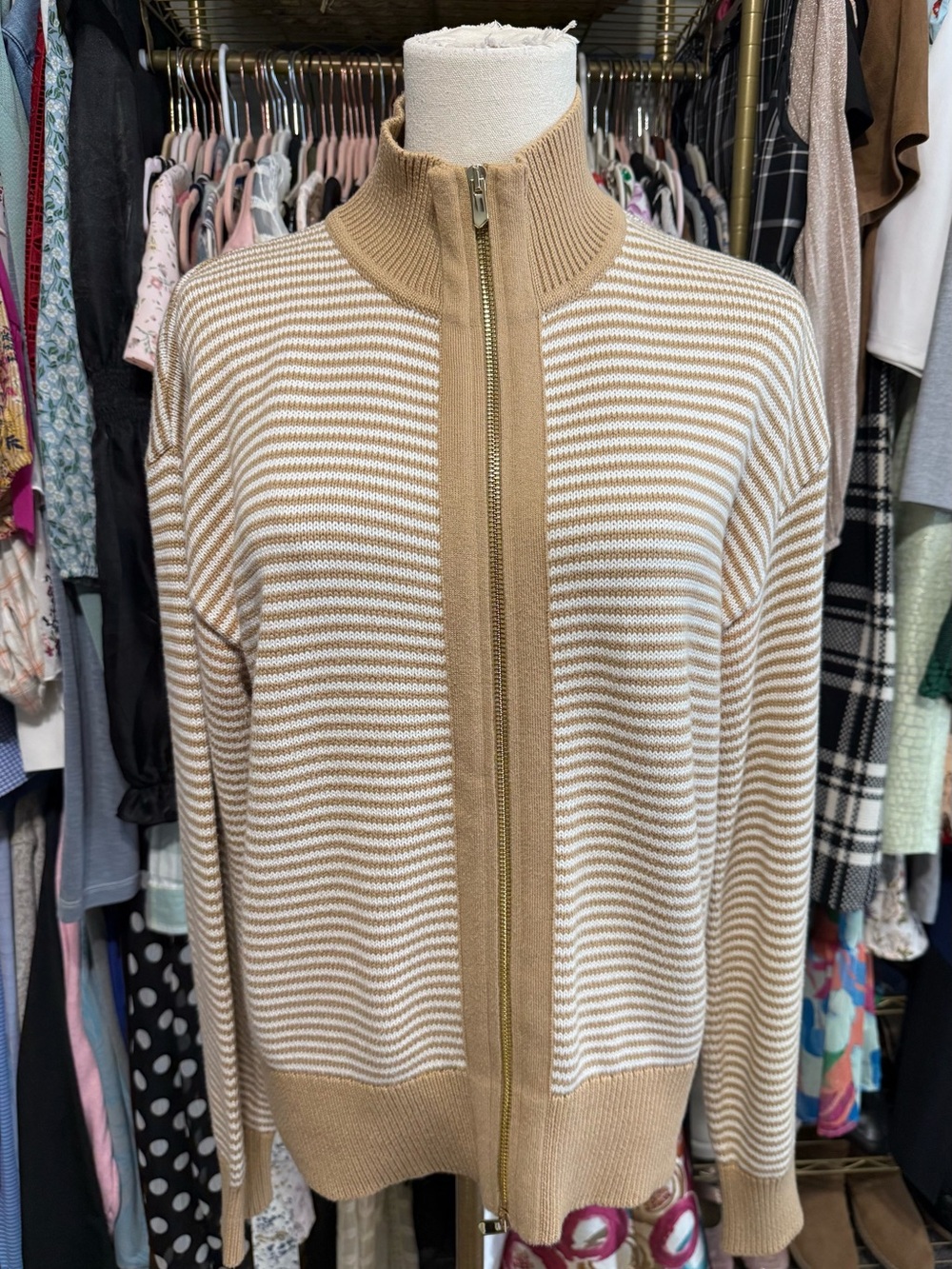 Worth New York Striped Full Zip Up Cardigan Sweater Tan White M